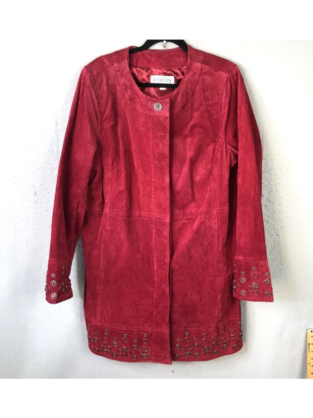 Statement Jacket Womens XL Red Genuine Suede Leather Grommet Embellished Party
